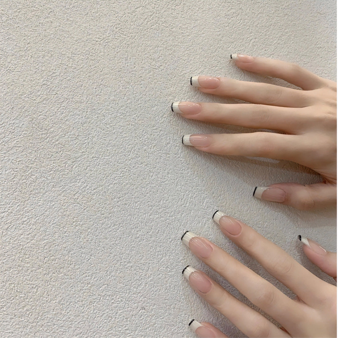 Classic French Tip Press On Nails – Nude Pink & White Reusable Full Cover False Nails in Almond, Oval and Squoval Shapes 189