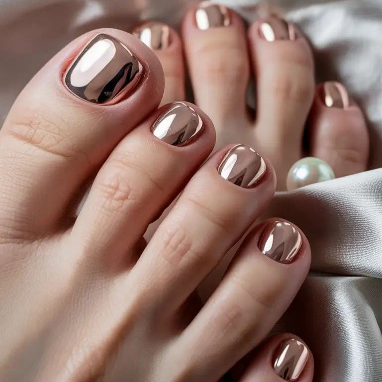 Rose Gold Toe Press-On Nails Metallic Mirror Short Square Reusable Glue On Fake Toenails Summer Set 42