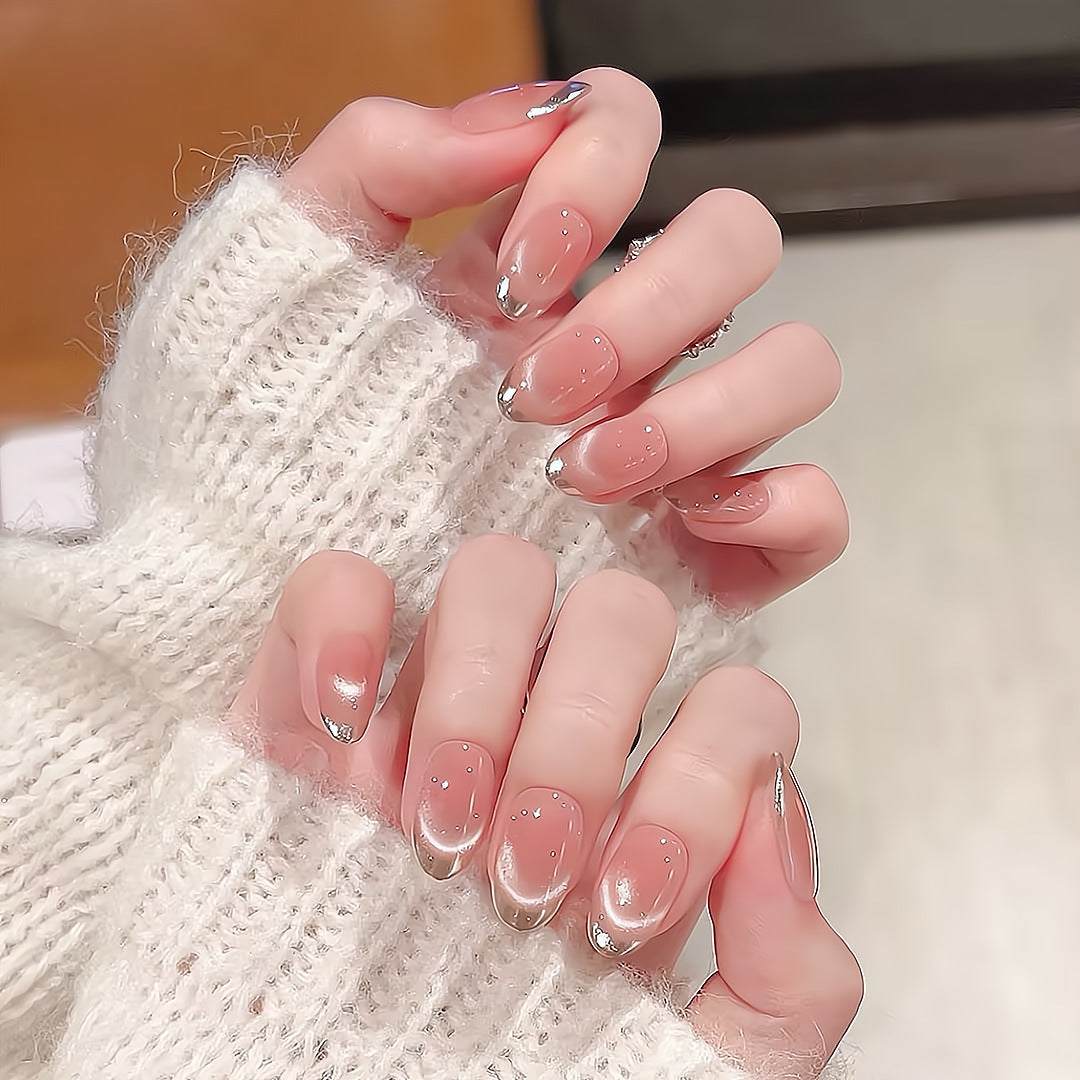 Nude Pink Press On Nails Oval – Milky White Wave Gradient False Nails Glossy Reusable Full Cover Nail Set 174