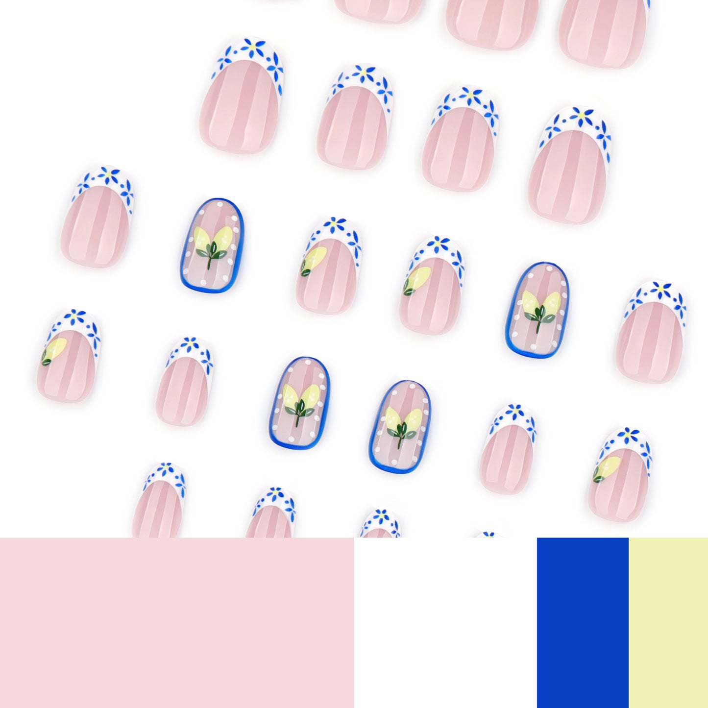 Nude Pink Lemon Press On Nails Floral French Tip Blue Flower Summer Oval Shape Glossy Cute Fake Nails Reusable Full Cover Natural Fresh Nail Kit 124