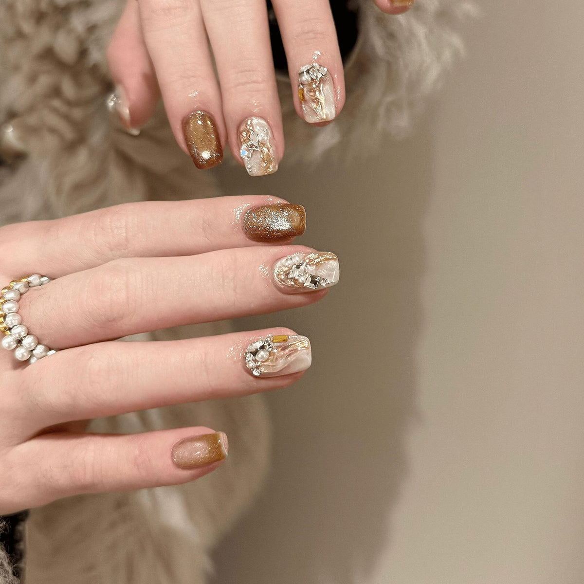 Amber Champagne Press-On Nails – Medium Squoval Nails with Marble Cat Eye, Rhinestone & Pearl Details | Old Money Reusable Nail Set 315