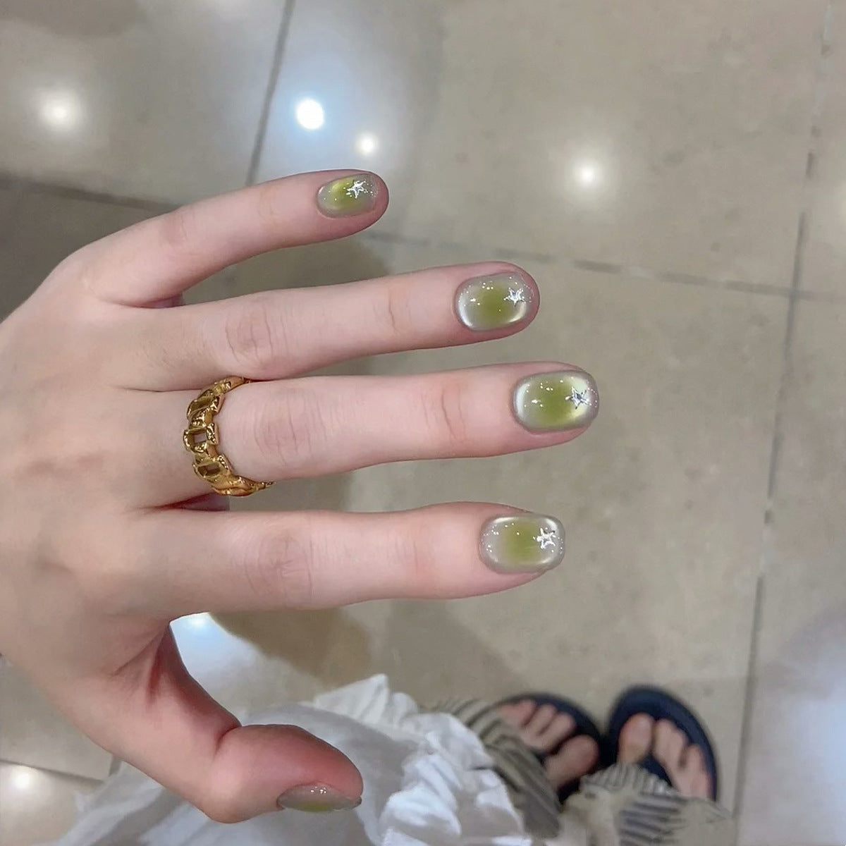 Avocado Green Cat Eye Press-On Nails – Matte Milky White Gradient Squoval Nails | Silver Star Accent Reusable Nail Set 271