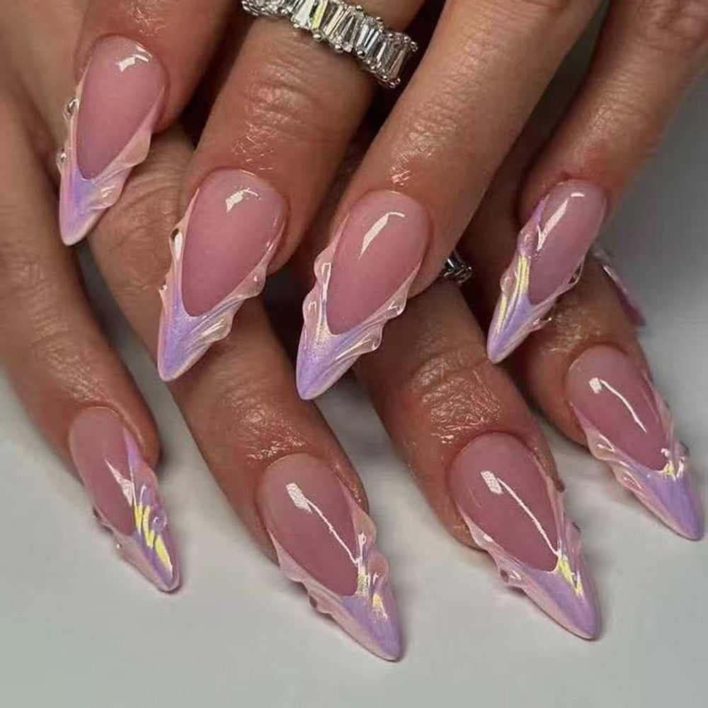 Nude Pink Press On Nails 3D French Tip Almond Classy Bridal Nails Glossy Natural Reusable Nail Set 25