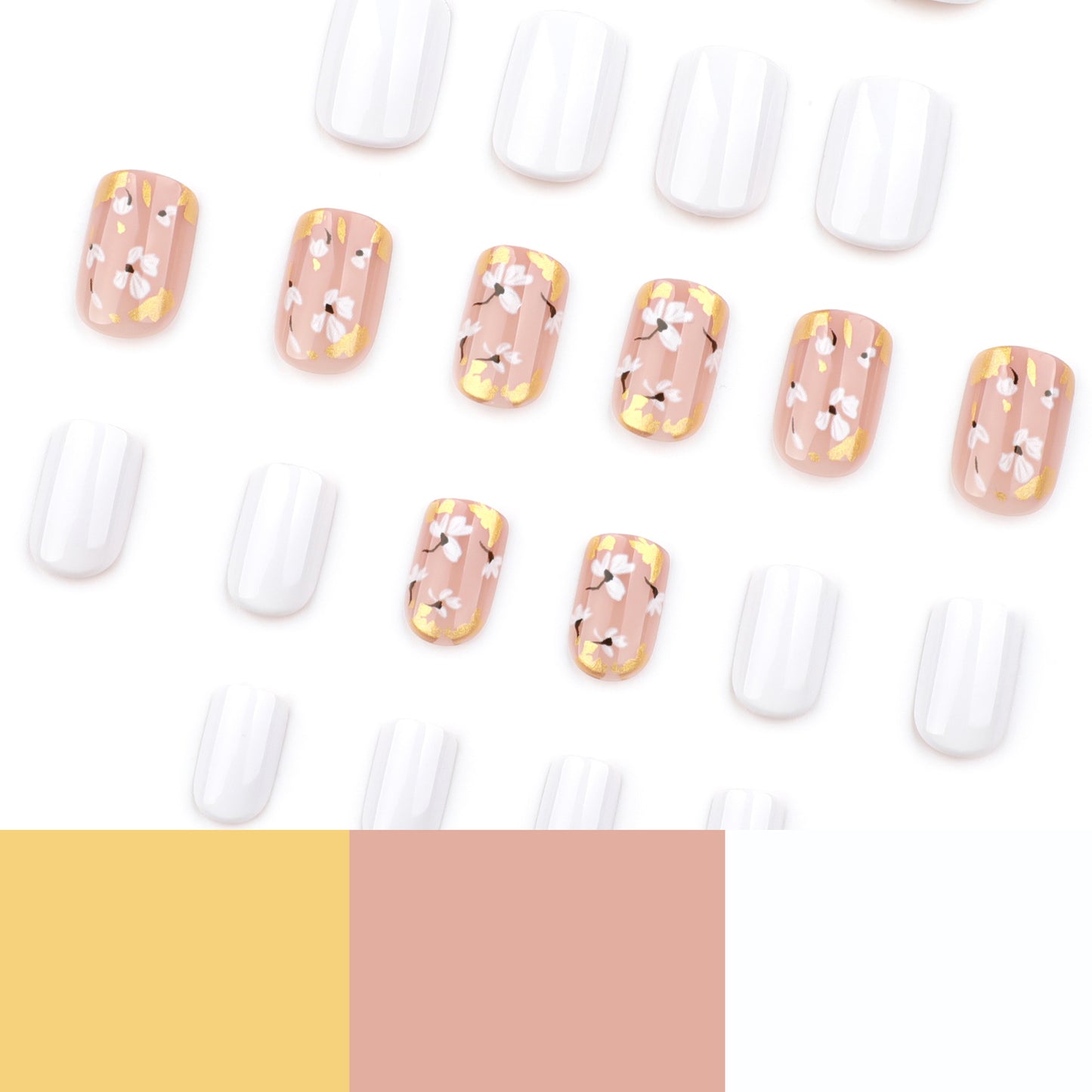 White and Nude Pink Press On Nails with Floral Design Gold Foil Accent Glossy Short Squoval Shape Minimal Elegant Full Cover False Nails Kit Reusable 114