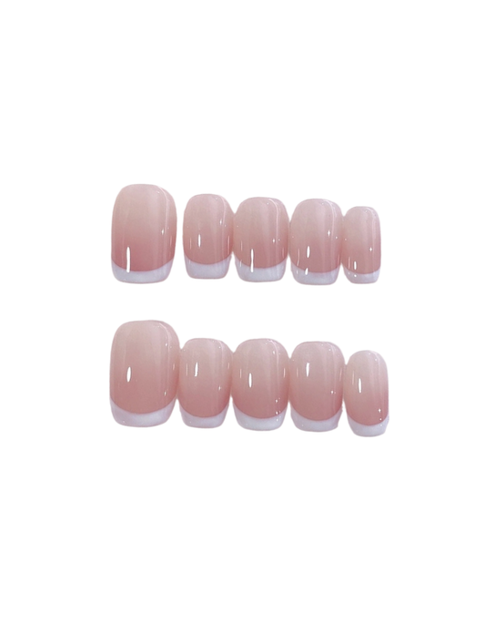 Natural Nude Press-On Nails – Short Rounded & Square Sheer Pink-Peach Gradient with Subtle White French Tips Handmade Reusable Luxury Nail Set 231