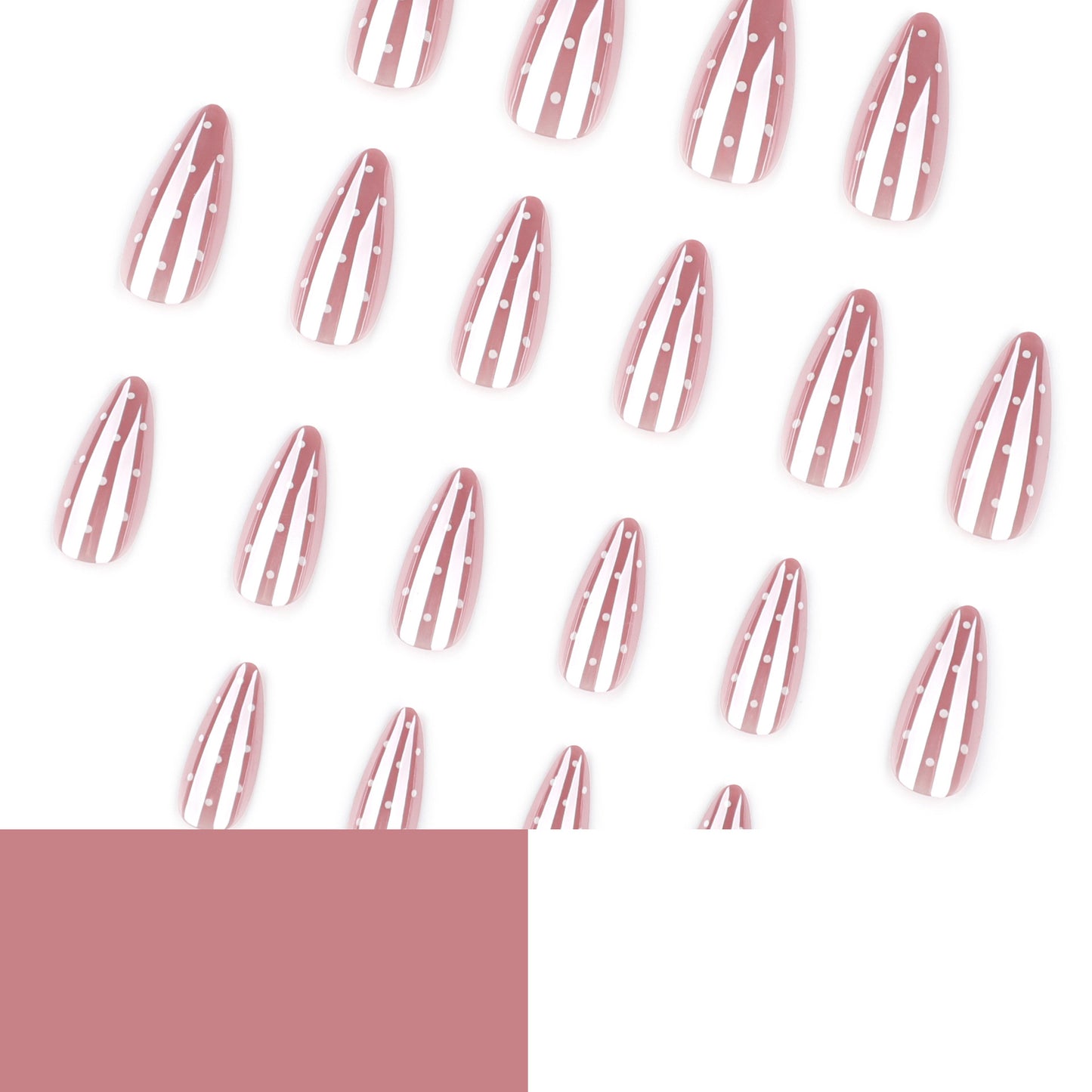 Dusty Pink Press On Nails with Polka Dots and Stripe Design Almond Shape Glossy French Cute Style Reusable Full Cover False Nails Kit Vintage Minimal Everyday Nails 93