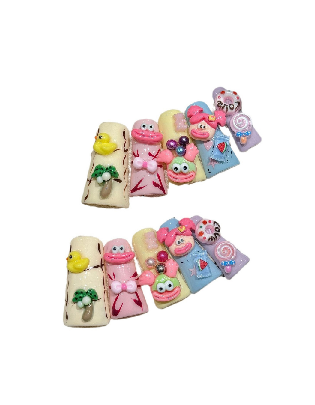 Cute Cartoon Press On Nails | Short Duck Nails in Pastel Colors with 3D Duck, Bow, Donut & Candy Charms | Reusable Kawaii Nail Set 348