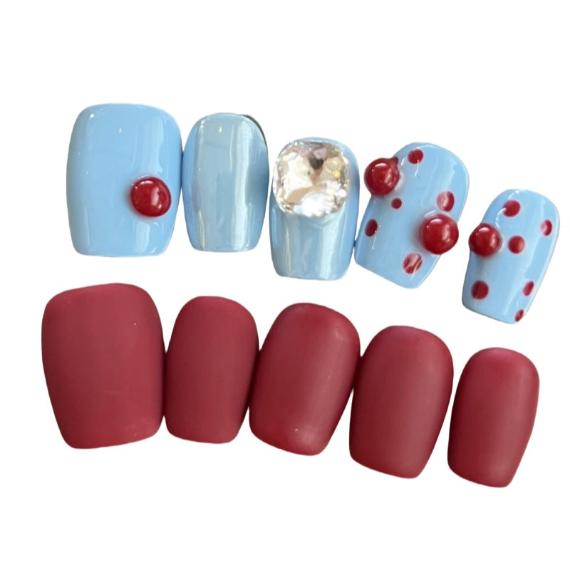 Press On Nails Color Block Blue Burgundy – Short Squoval Retro Acrylic Nails with Rhinestone 3D Beads Glossy Set 145