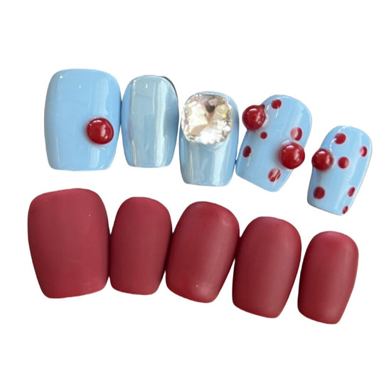 Press On Nails Color Block Blue Burgundy – Short Squoval Retro Acrylic Nails with Rhinestone 3D Beads Glossy Set 145