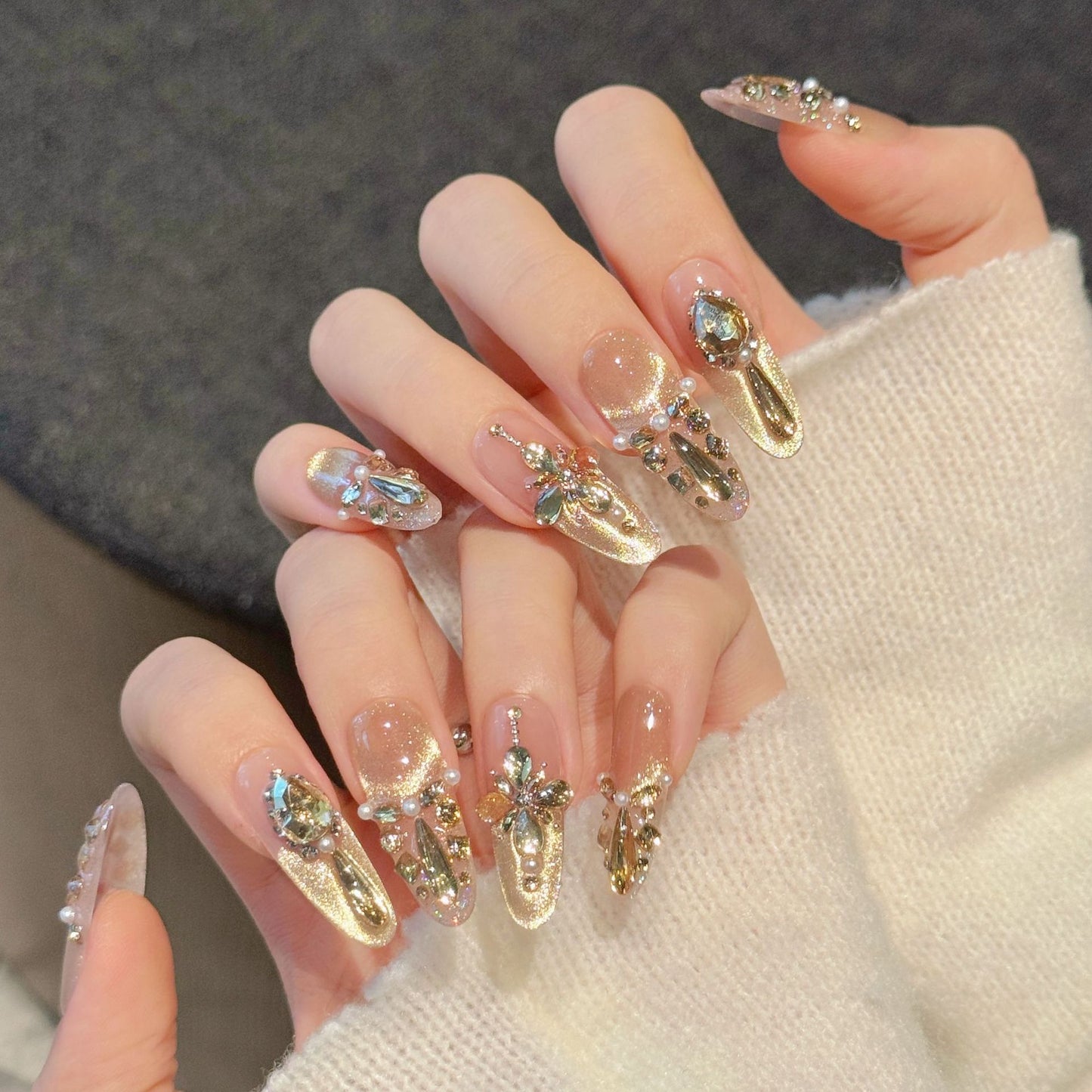Champagne Cat Eye Press-On Nails – Nude Pink Gradient Almond Nails with Pearl & Crystal Embellishments | Luxury Reusable Nail Set 298