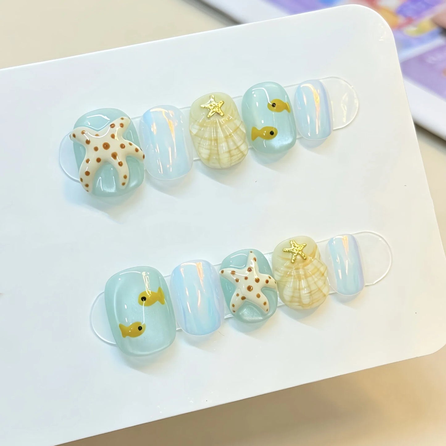 Ocean Blue Press-On Nails – Short Squoval Nails with 3D Sea Star & Shell Details | Coastal Summer Reusable Nail Set 292