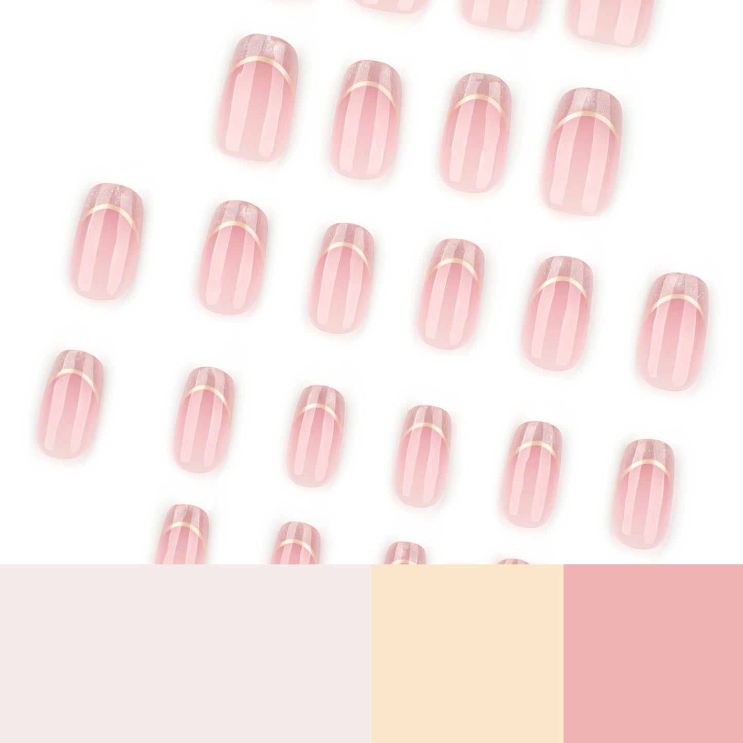 Nude Pink Press On Nails with Gold French Lines and Glitter Tips Glossy Short Squoval Shape Minimal Elegant Design Reusable Full Cover False Nails Kit 112
