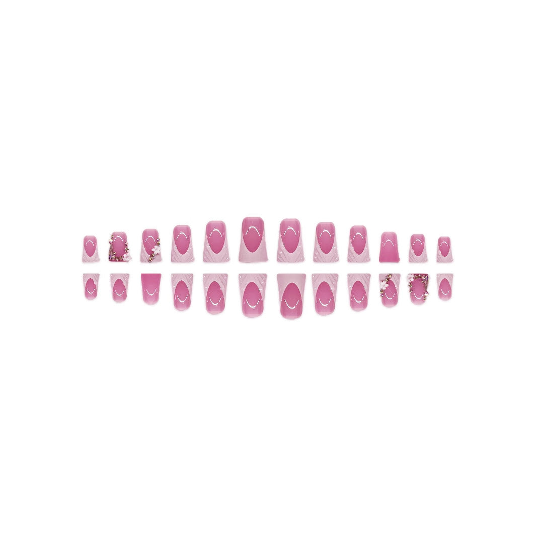 French Tip Press On Nails Short Square Nude Pink 3D Flower Lace Rhinestone Glossy Reusable Acrylic Nails for Women 03