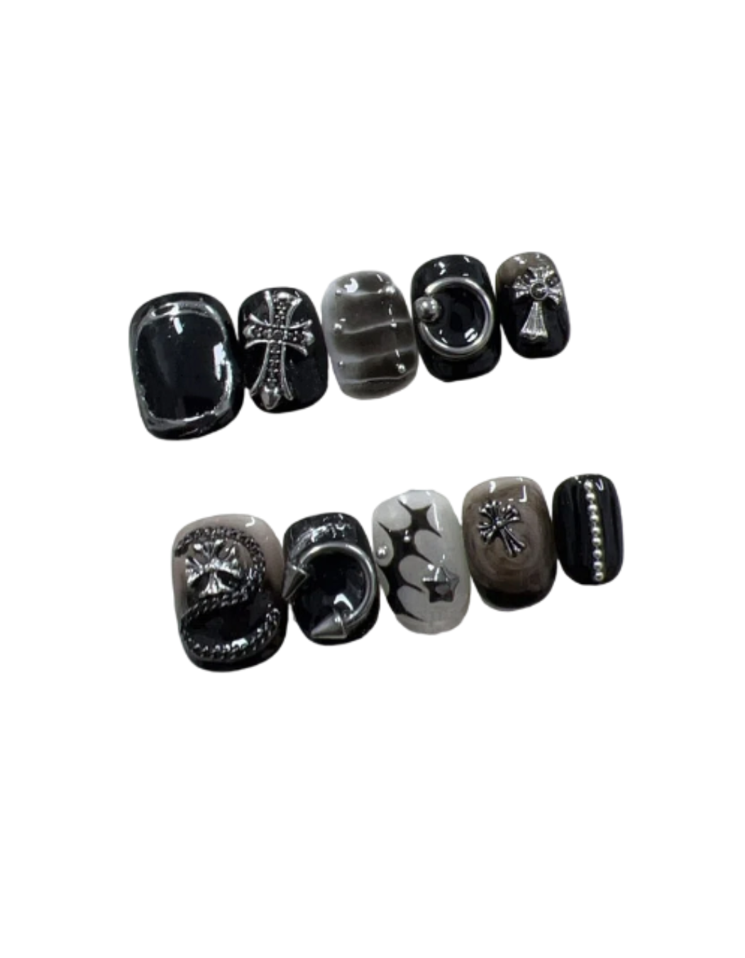 Black Grey Gothic Press On Nails Short Square Round – Smoky Marble 3D Cross & Metal Rings Pearl Accent Reusable Dark Aesthetic Nail Set 216