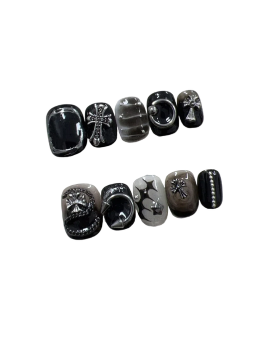 Black Grey Gothic Press On Nails Short Square Round – Smoky Marble 3D Cross & Metal Rings Pearl Accent Reusable Dark Aesthetic Nail Set 216