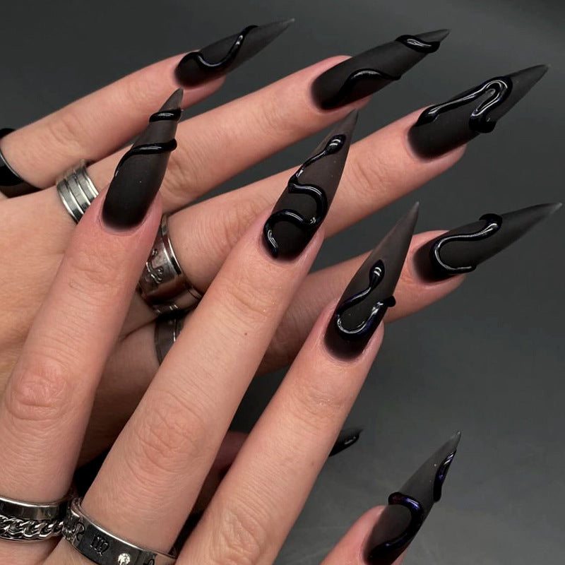 Black Matte Press On Nails Stiletto 3D Embossed Gothic Thorn Design Long Sharp Fake Nails Reusable Glue On Set 59
