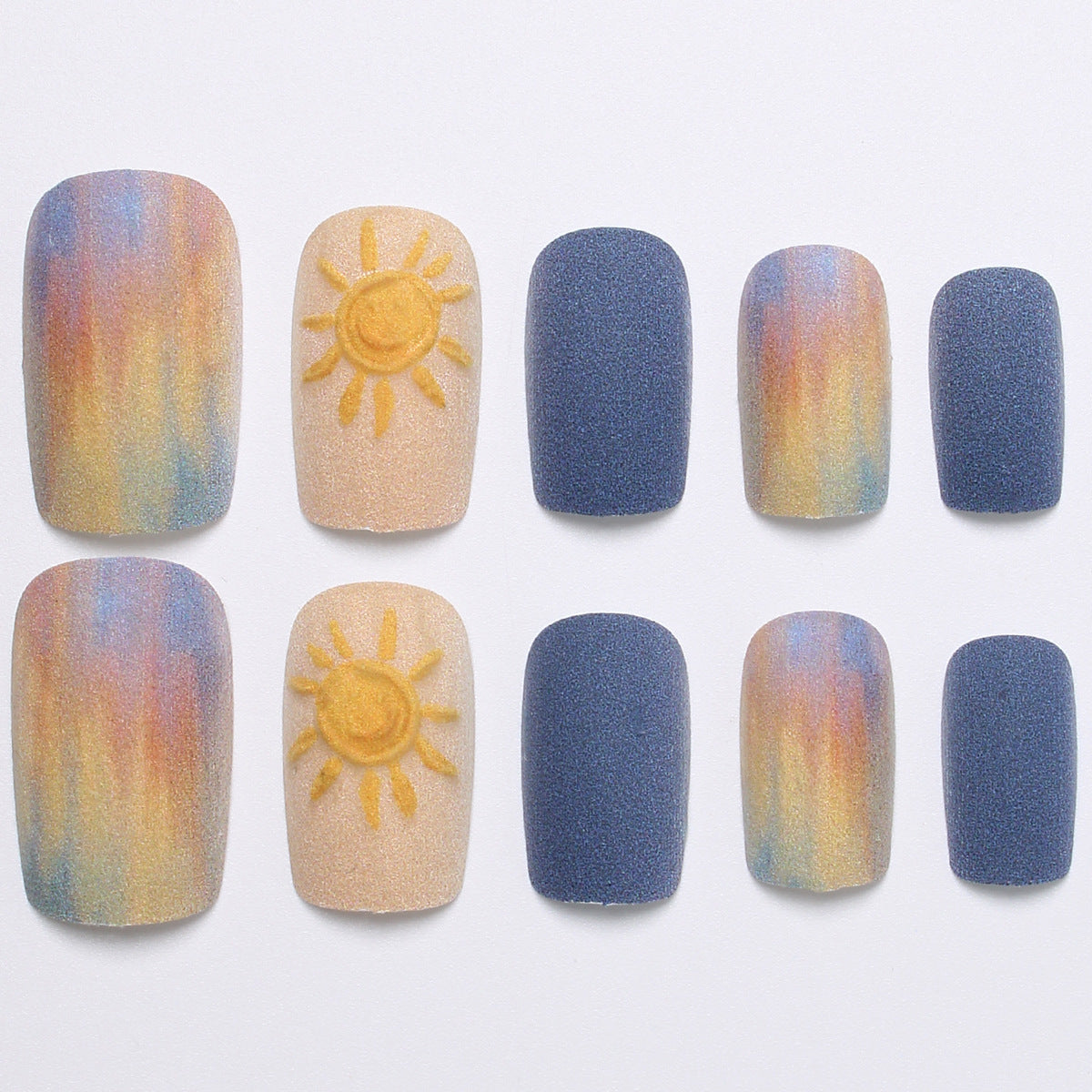 Sunset Ombre Press On Nails Short Round Matte Orange Purple Blue Gradient 3D Sun 11