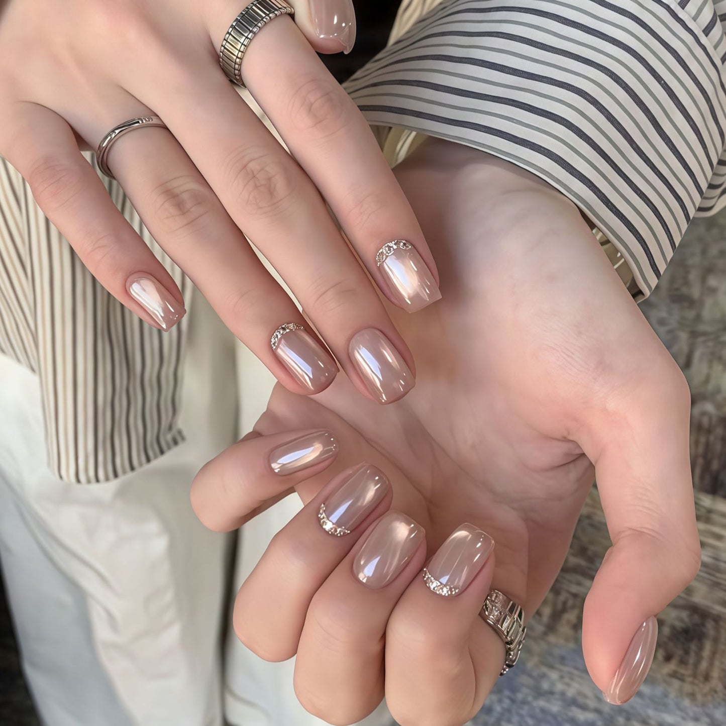 Nude Pink Aurora Press-On Nails – Diamond French Short Square Nails | Minimal Luxury Reusable Nail Set 275