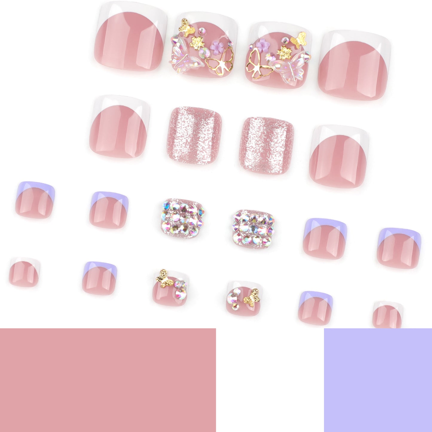 Nude Pink Press On Toenails with Rhinestones Butterfly Floral Design Glossy Short Squoval Shape Glam Full Cover False Toe Nails Kit Reusable Pedicure 113