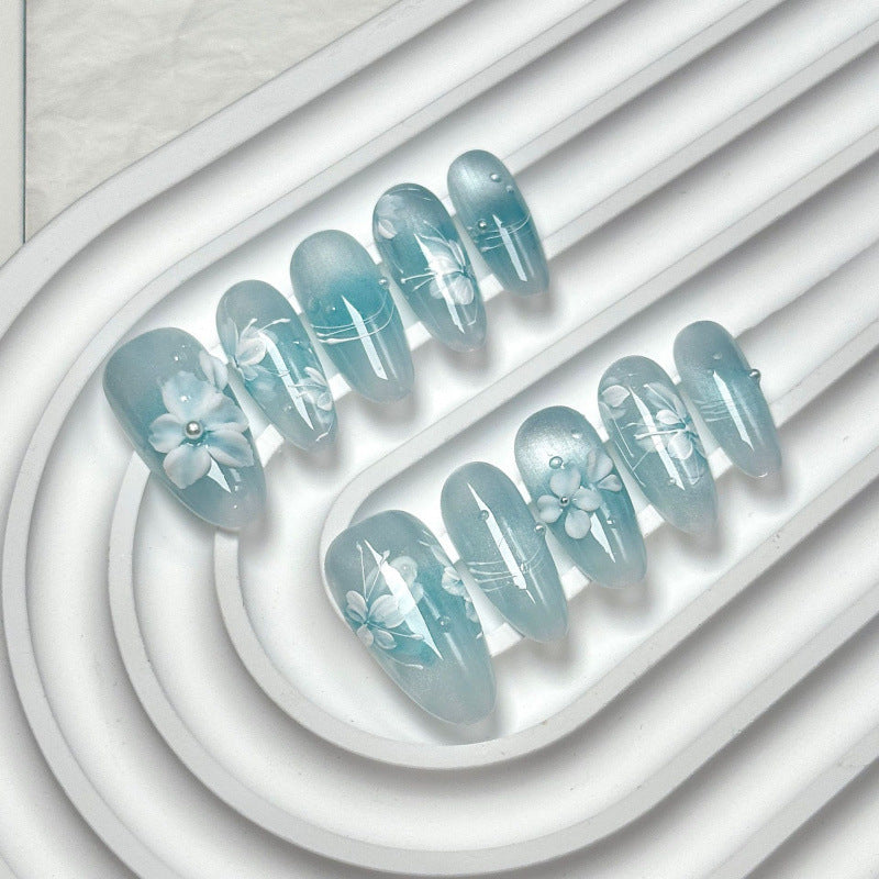Ice Blue Cat Eye Press-On Nails – Floral Pearl Almond Nails | 3D White Flower Detail Reusable Nail Set 263