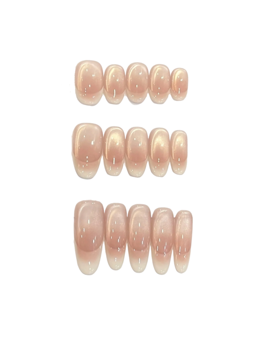 Natural Nude Press-On Nails | Short Almond & Rounded | Sheer Peach & Pink with Aurora Pearl Glow | Gradient French Tips for Everyday Elegance 230
