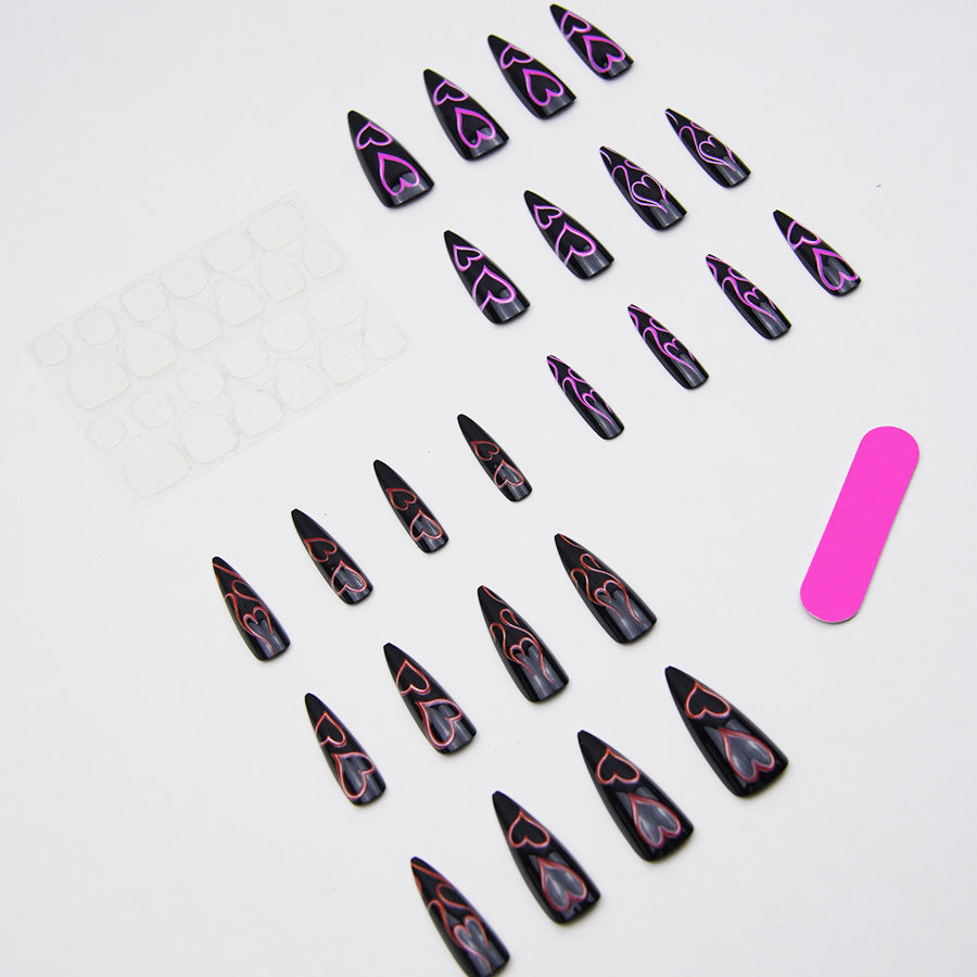 Y2K Black Press On Nails Long Stiletto Glossy Neon Pink Red Heart Gothic Punk Reusable 05
