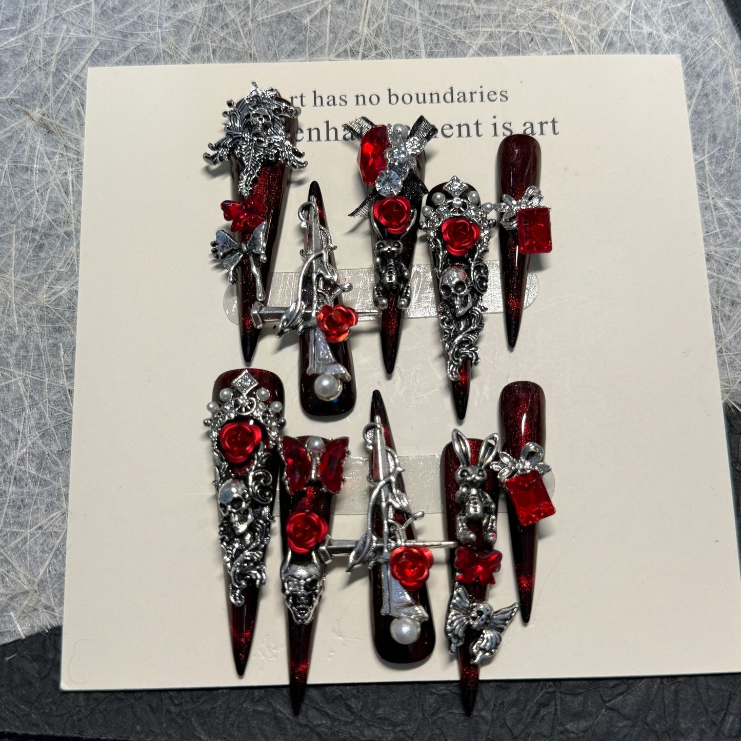 3D Gothic Press On Nails Stiletto Dark Red Vampire Nails Skull Rose Cross Charms Handmade Reusable Nail Set 204