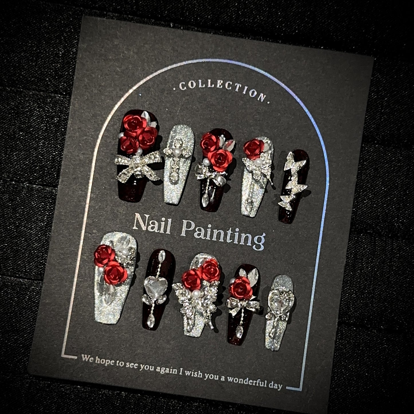 Burgundy Rose Press-On Nails – Long Coffin Nails with 3D Red Rose, Silver Cat Eye Shimmer & Crystal Embellishments | Gothic Luxury Reusable Nail Set 302