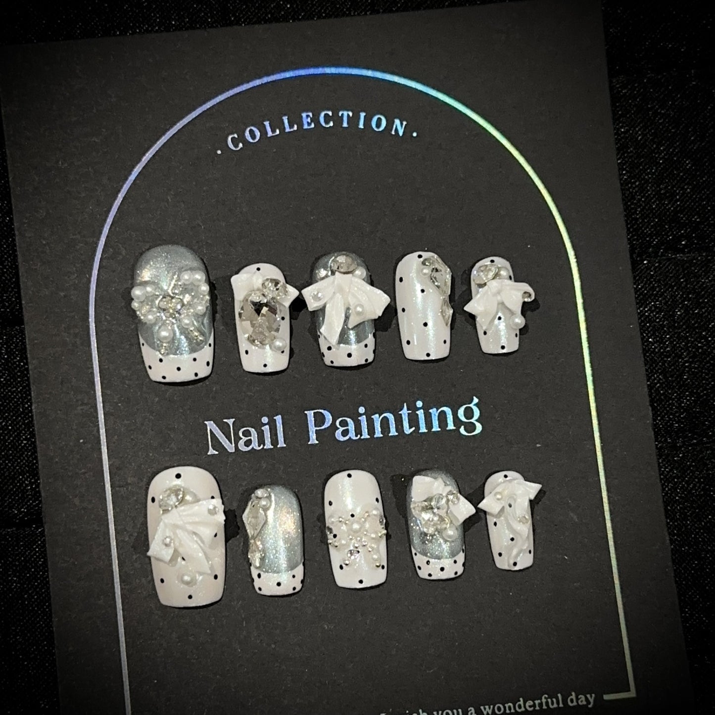 Pearl White Press-On Nails – Cat Eye French Tip Short Square Nails | 3D Bow, Rhinestone & Pearl Charm Reusable Nail Set 258