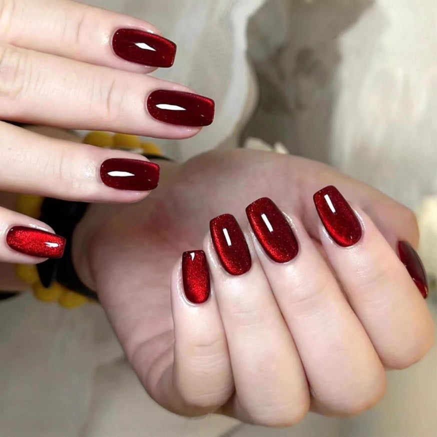 Burgundy Cat Eye Press On Nails Coffin Shape Glossy Dark Red Glitter Fake Nails Reusable Glue On Long Acrylic Nail Set 51