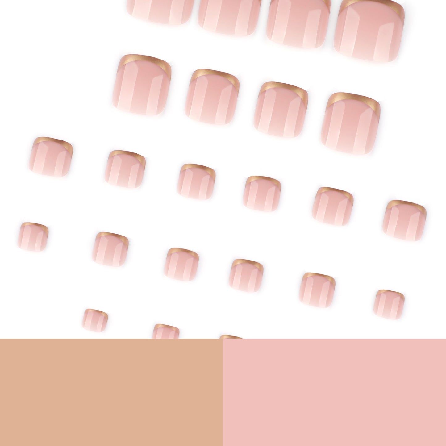 Nude Pink French Tip Press On Toenails with Gold Tips Glossy Short Squoval Shape Minimal Luxury Reusable Full Cover False Toe Nails Kit Elegant Pedicure Nails 102