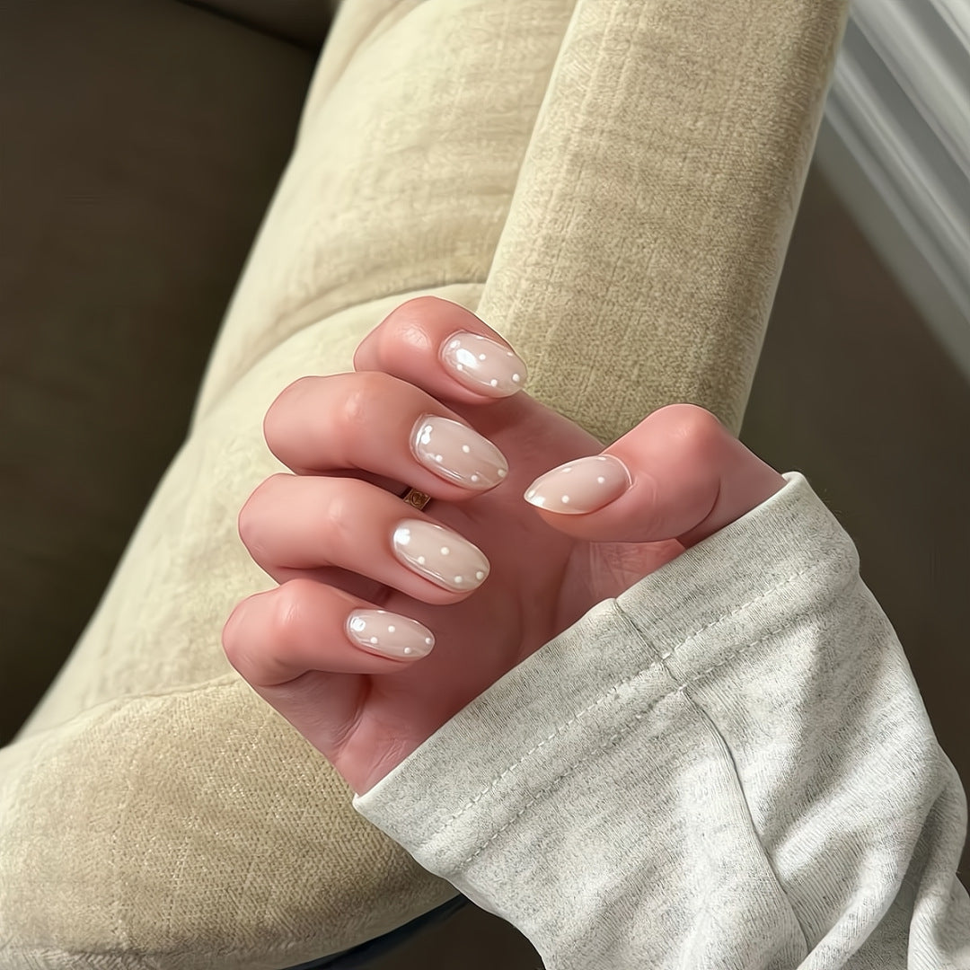Nude Almond Press On Nails Oval – Polka Dot False Nails Reusable Nail Set 180