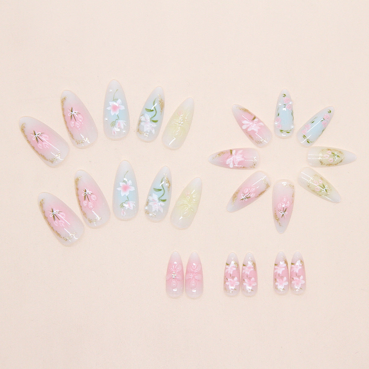 Pastel Press-On Nails Almond Shape 3D Flower Bow Gradient Reusable Glue On Fake Nails Spring Set 37