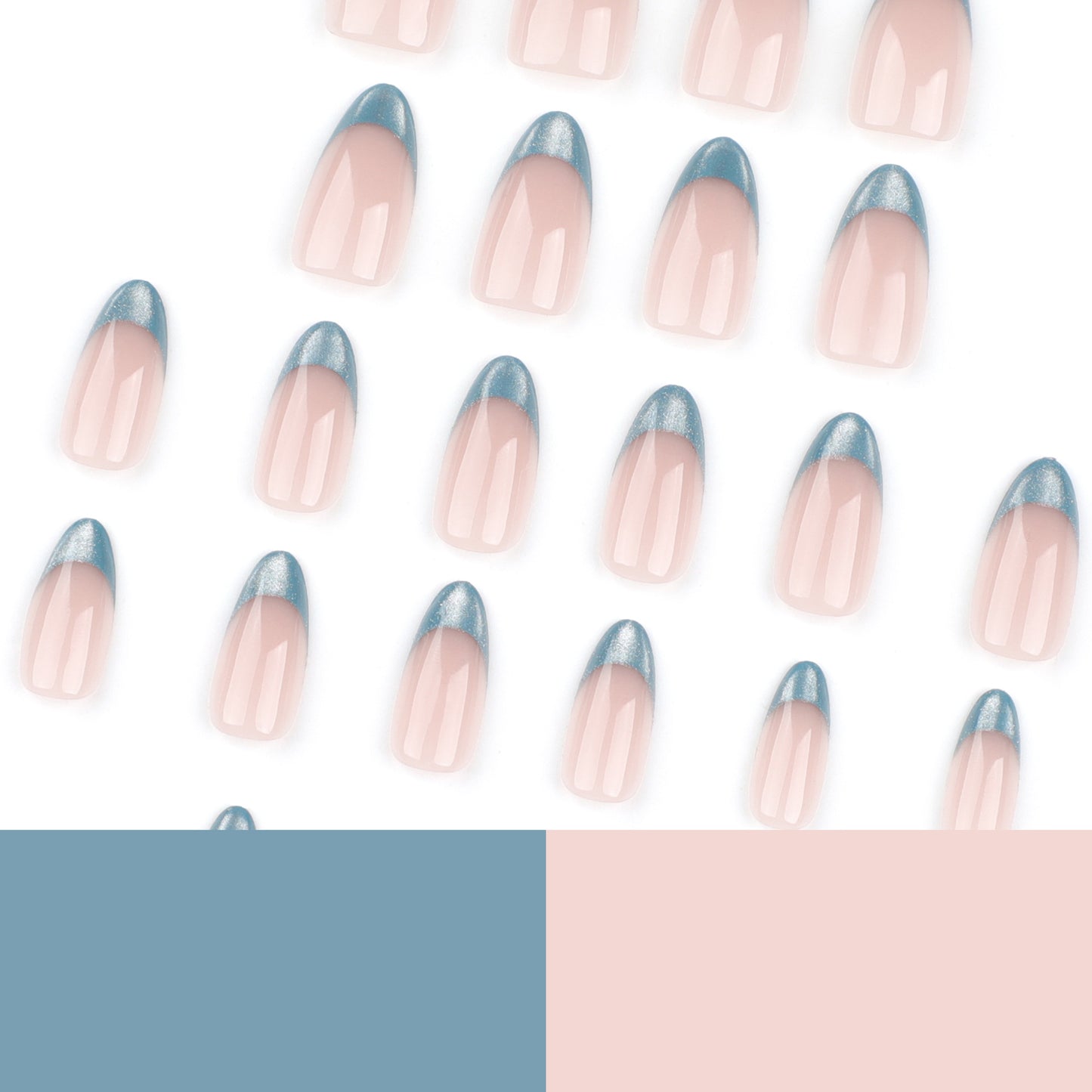 Nude Pink Press On Nails with Blue Glitter French Tips Almond Shape Glossy Minimal Luxury Design Reusable Full Cover False Nails Kit Elegant Everyday Nails 100