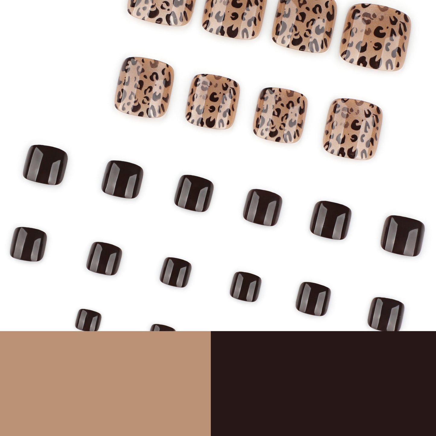 Leopard Print Press On Toenails with Black Glossy Solid Color Nude Gold Base Short Squoval Shape Full Cover False Toe Nails Kit Reusable Pedicure 118
