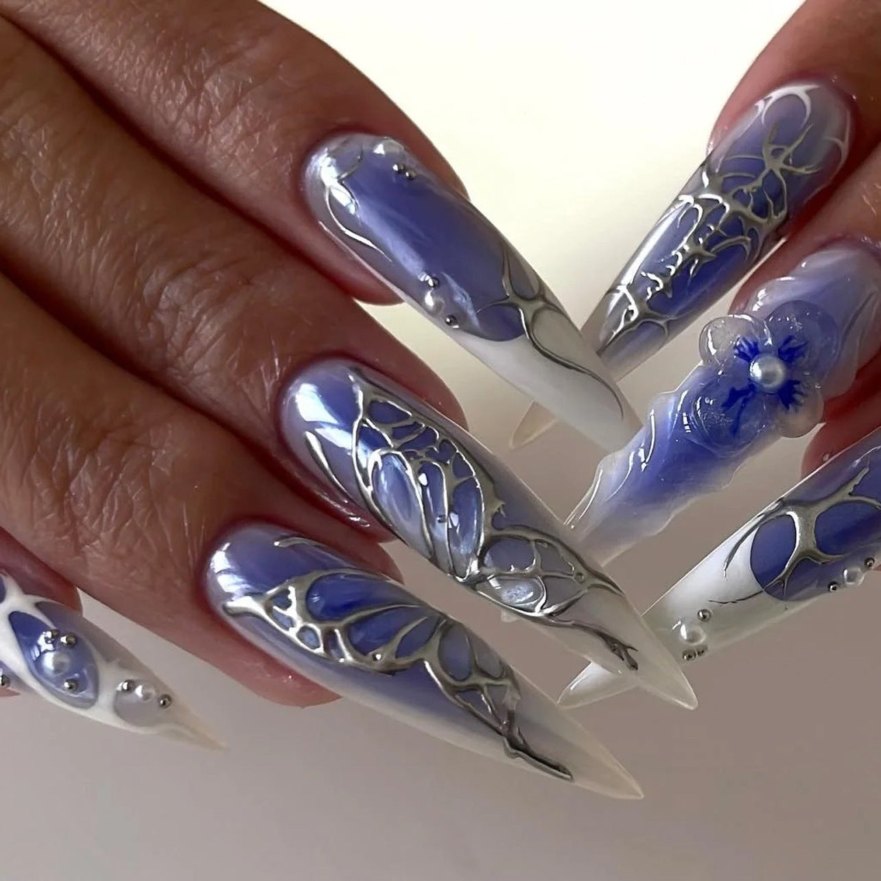 Blue Stiletto Press On Nails Extra Long – Butterfly Gothic False Nails Reusable Full Cover Set 183