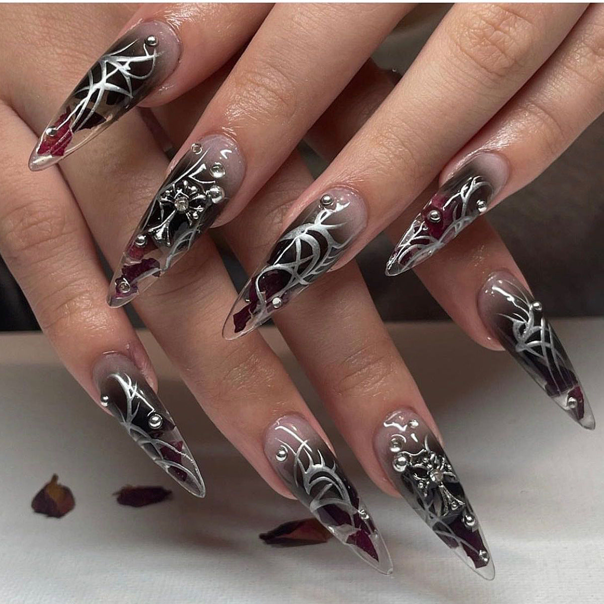 Black Ombre Press On Nails – Almond Shape Gothic Red Ink Gradient, Silver Thorn Metal Glossy Reusable Nail Set 161