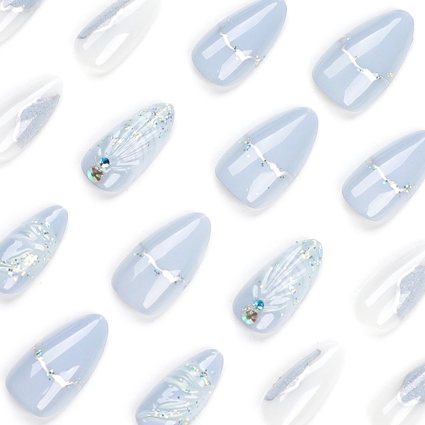 Press On Nails Blue Mermaid Tail Ocean Nails 3D Wave Rhinestone Glitter Almond Glossy Fake Nails Reusable Full Cover Stick On Nails Aesthetic Nails for Women Summer Beach Vacation 83