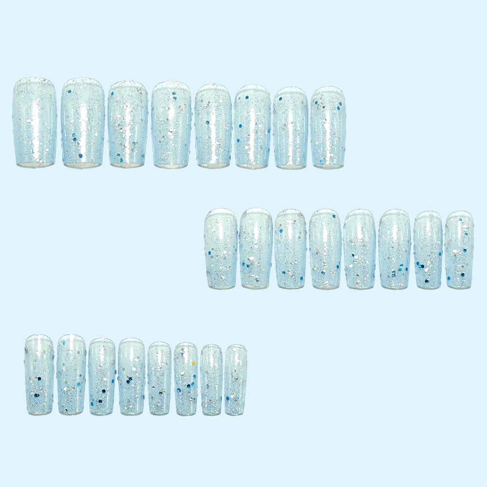 Icy Blue Press-On Nails Almond Shape Glitter Rhinestone Reusable Glue On Fake Nails Long Lasting Set 29