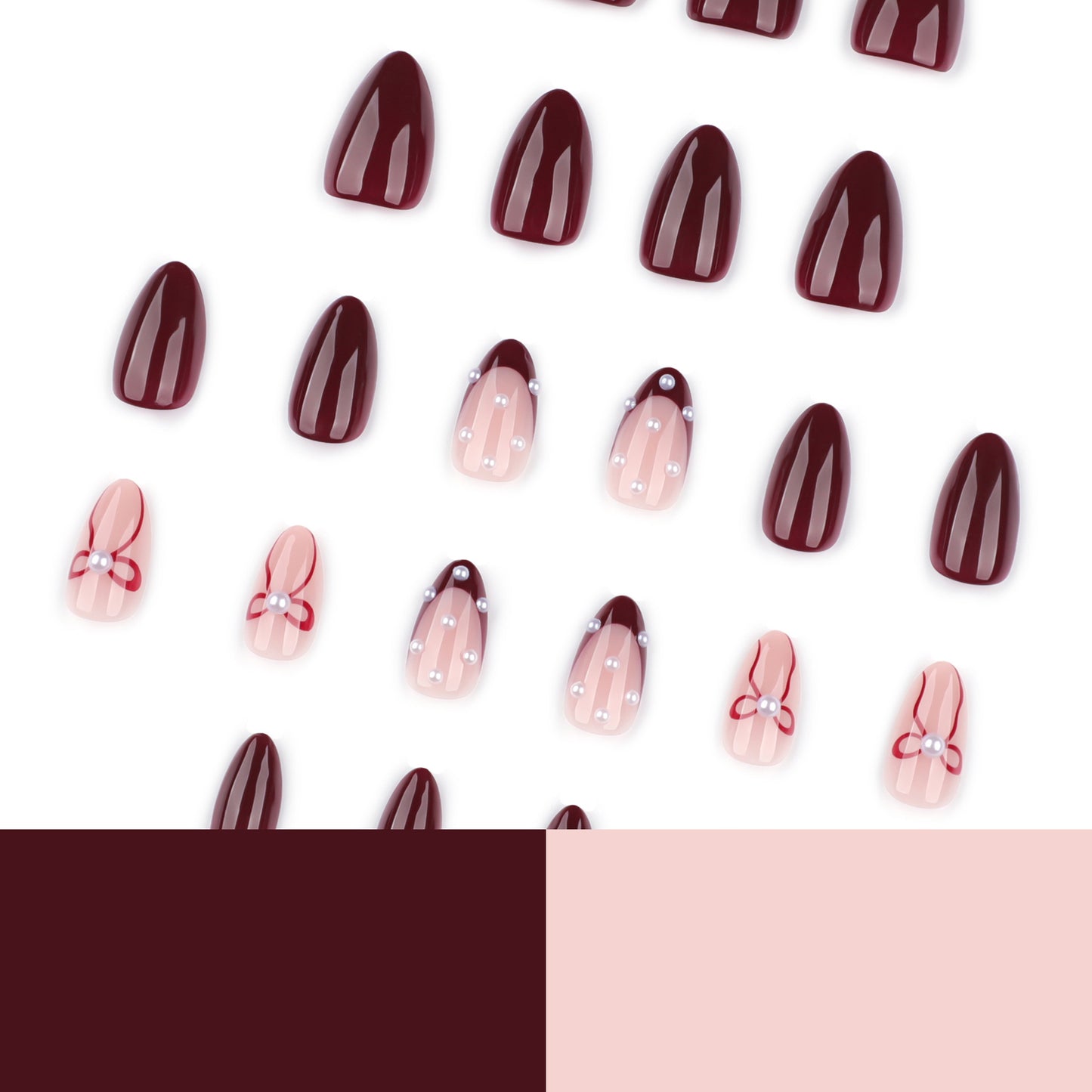 Burgundy Press On Nails with Nude Pink Accent Pearl and Bow Design Glossy Almond Shape Elegant Vintage Style Full Cover False Nails Kit Reusable 128