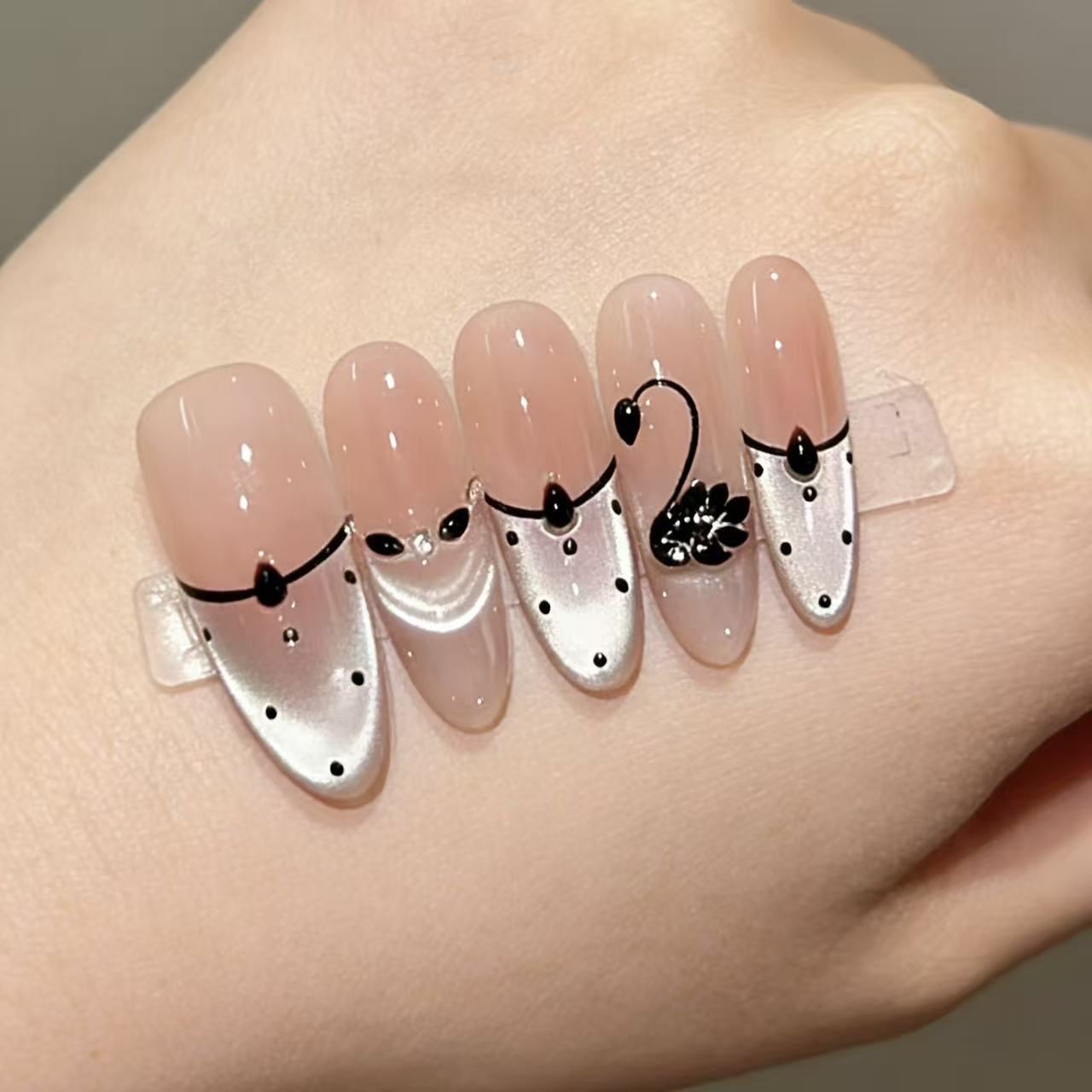 Black Swan French Tip Press On Nails – Nude Long Almond Luxury Rhinestone Acrylic Nails 142