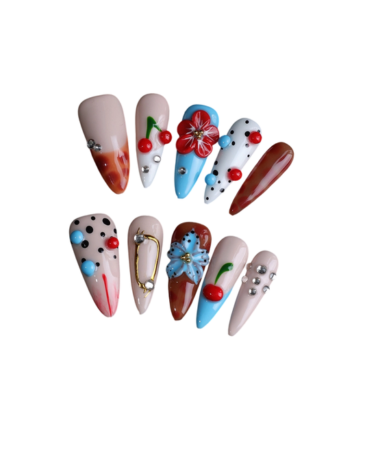 Pop Art Press-On Nails – Hand-Painted 3D Cherries & Flowers, Bold Blue Red Y2K Festival Handmade Reusable Nail Set 233