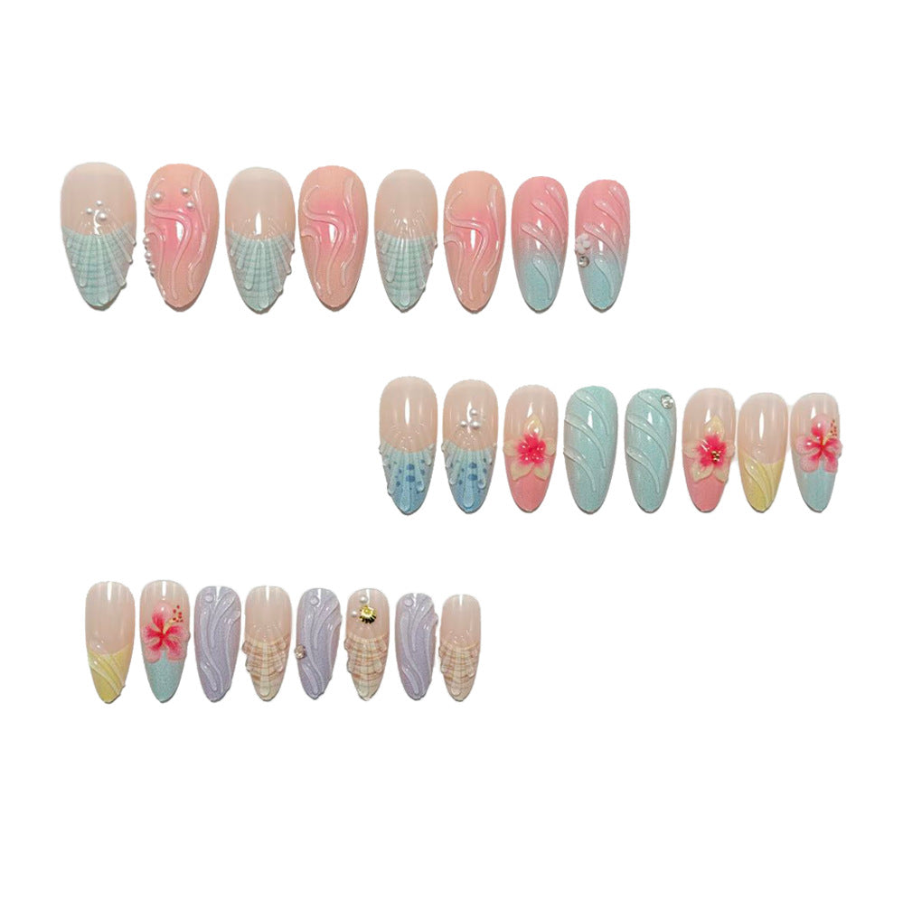 Beach Vacation Press-On Nails Almond Shape 3D Shell Wave Floral Reusable Glue On Summer Nail Set 31