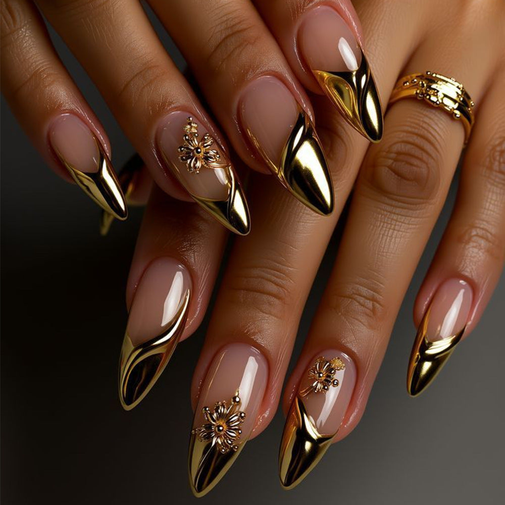 Nude Pink French Tip Press On Nails Gold Accent 3D Floral Almond Classy Bridal Reusable Nail Set 27