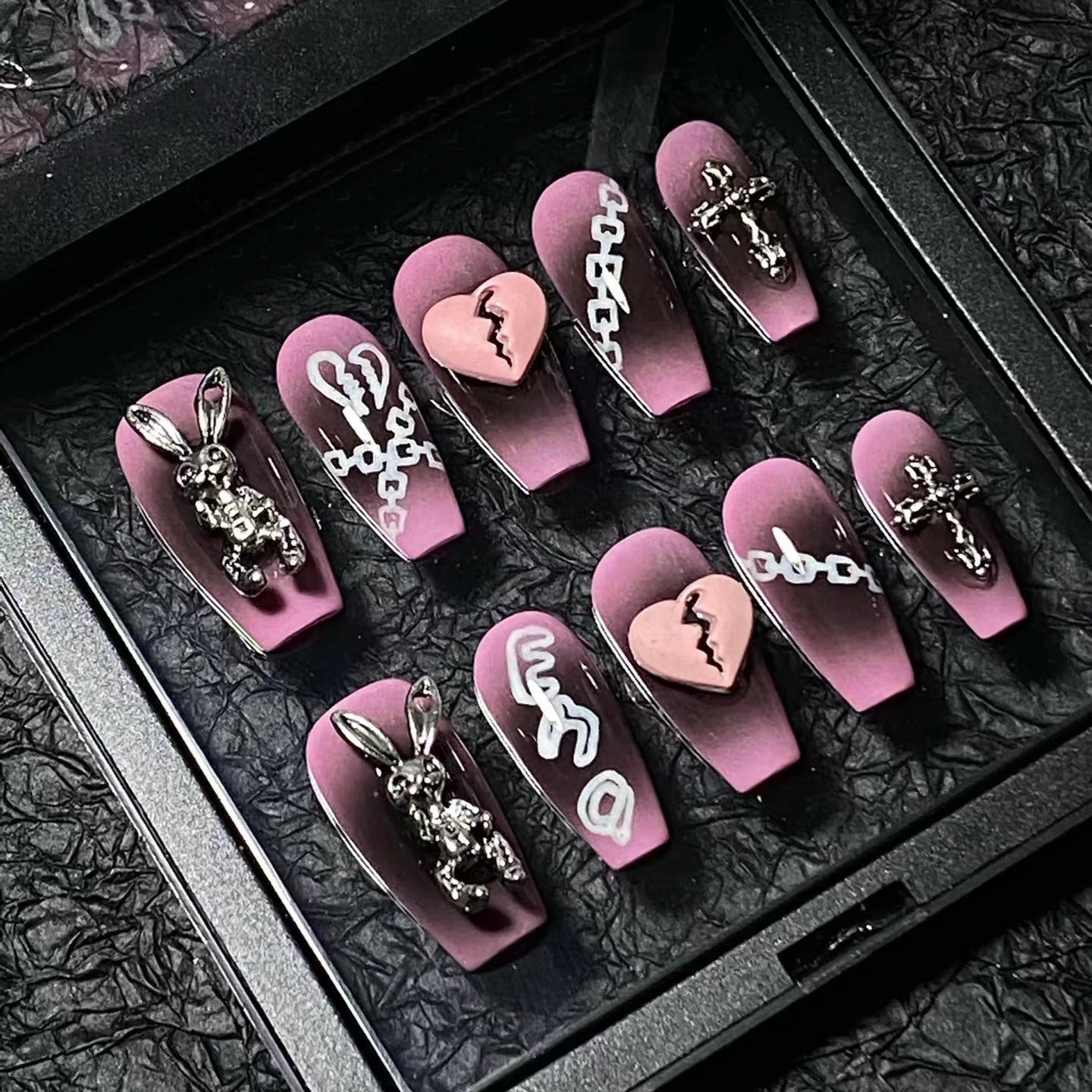 Y2K Emo Press On Nails Black Pink Ombre – 3D Broken Heart Bunny Cross Charms Grunge Gothic Alt Nail Set 211