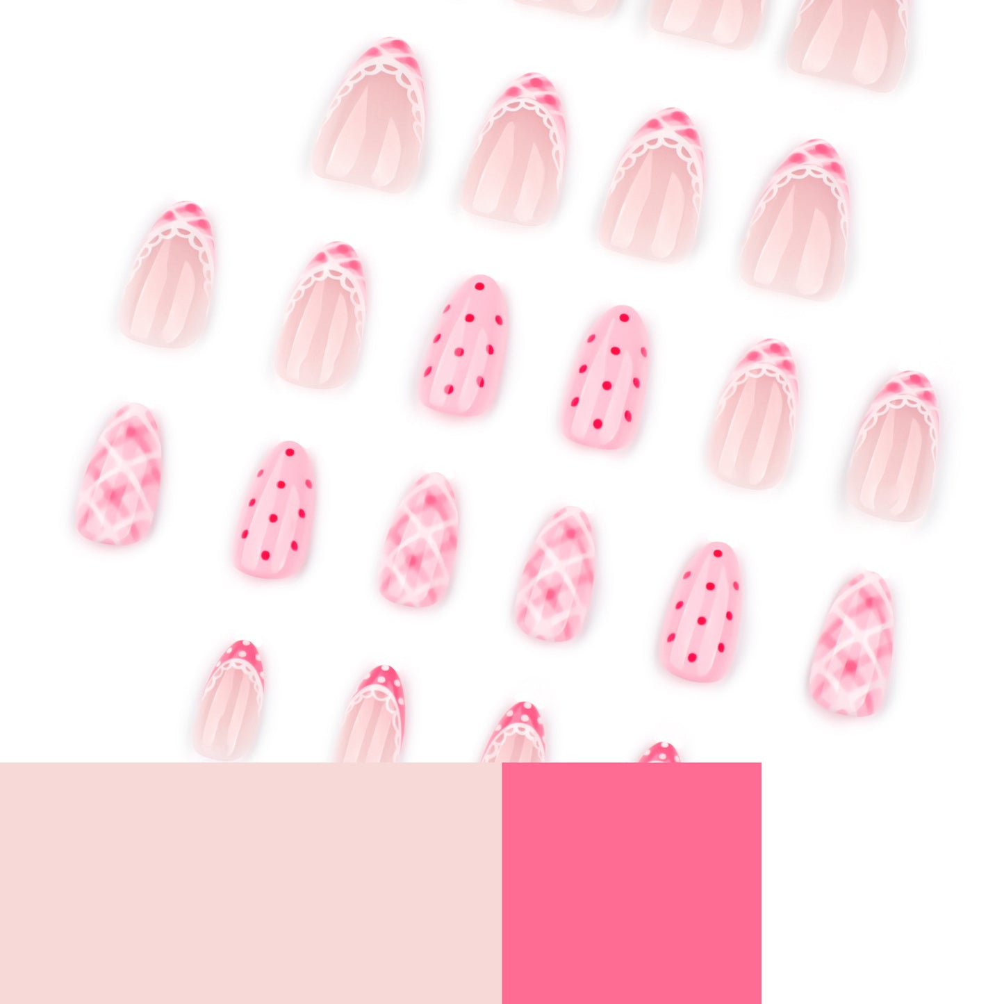 Nude Pink Press On Nails with Lace French Tip Polka Dot Argyle Design Glossy Almond Shape Cute Sweet Style Full Cover False Nails Kit Reusable 127