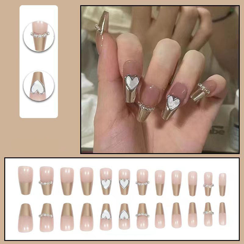 Nude Pink French Tip Press On Nails Gold Brown Glitter Heart Rhinestone Glossy Fake Nails Reusable Glue On Nail Set 58