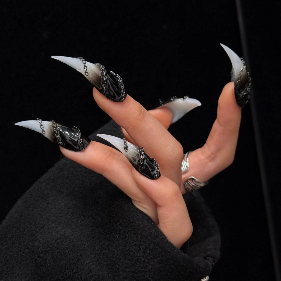 Black & White Ombre Dragon Claw Press-On Nails – Curved Stiletto Nails with Metal Chain Detail | Gothic Punk Reusable Nail Set 294