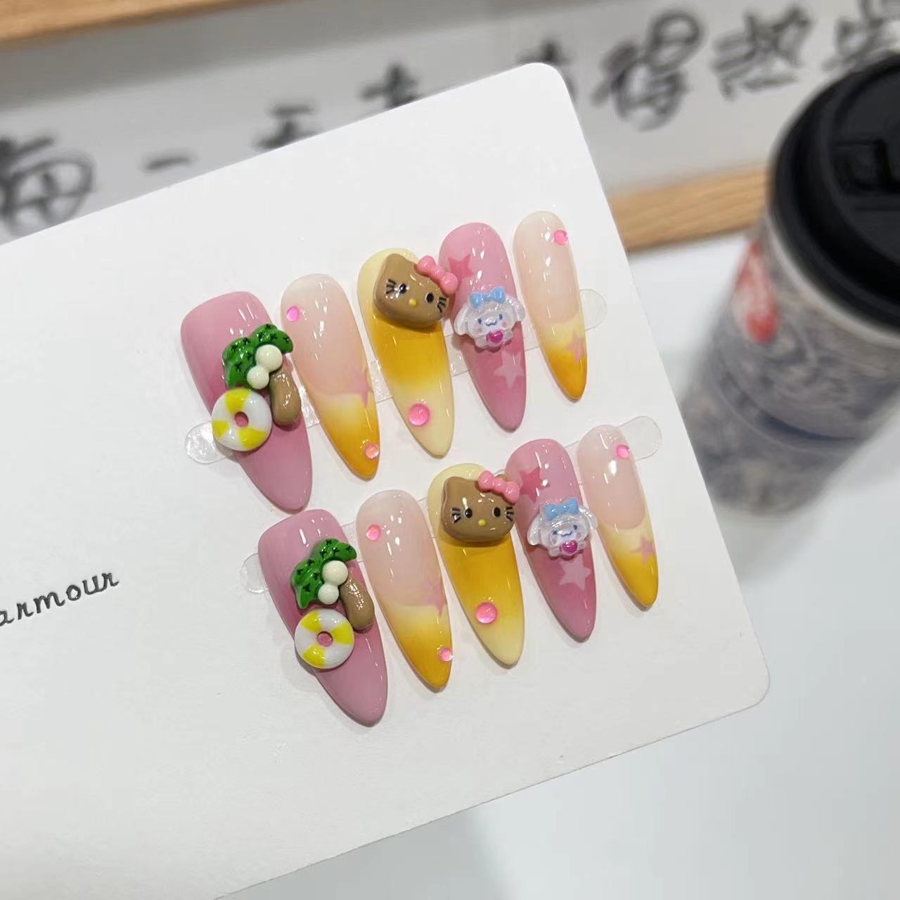 Summer Vacation Press-On Nails – Peach Pink & Sunset Yellow Ombre Almond Nails | 3D Tropical Charms Reusable Nail Set 251