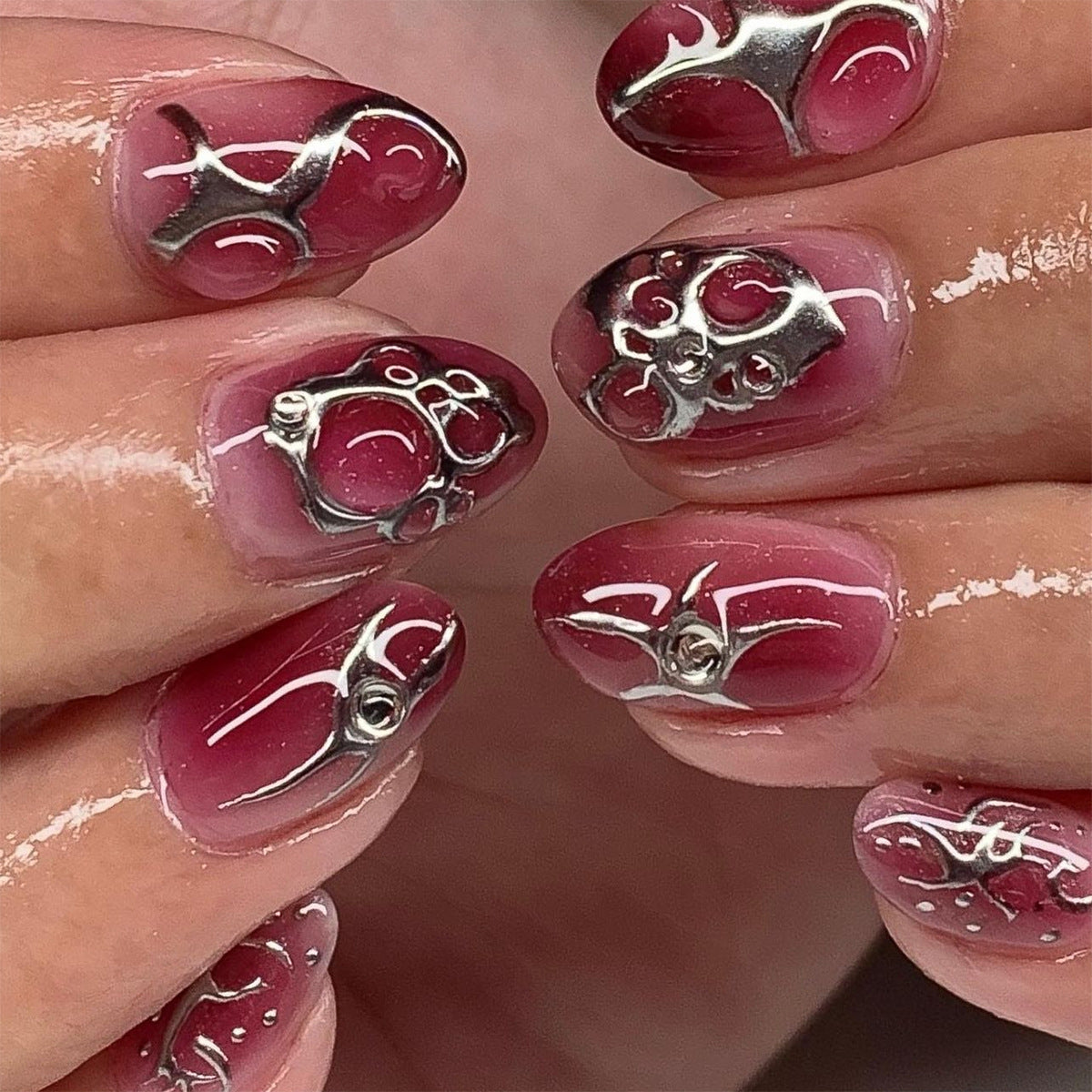 Hot Pink Press On Nails Almond – Silver Thorn Gothic False Nails Reusable Nail Set 184